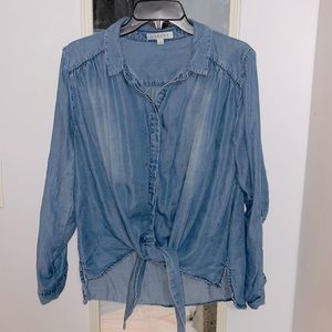 Faux Jean Front Tie Blouse